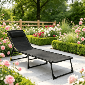 Black Folding Chaise Lounge Pool Chair 4-Position Reclining Back Pillow Breathable Mesh Bungee Seat for Outdoor Relaxation