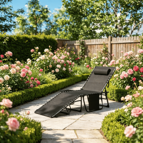Black Folding Outdoor Chaise Lounge Chair with Adjustable Back 5 Levels Side Table Pillow Pocket Tanning Chair