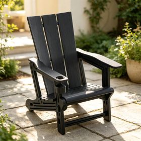 Black Weatherproof HDPE Outdoor Adirondack Chair, 330LBS Capacity Ergonomic Patio Lounge Chair with Built-in Cup Holder