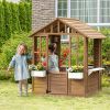Kids Wooden Playhouse, Outdoor Garden Games Cottage with Working Door, Windows, Flowers Pot Holder, 47" x 38" x 54"