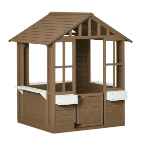 Kids Wooden Playhouse, Outdoor Garden Games Cottage with Working Door, Windows, Flowers Pot Holder, 47" x 38" x 54"