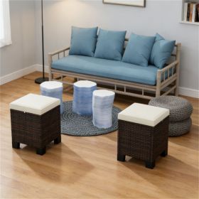 Two piece outdoor stool, rattan foot pad with cushion, terrace stool, footstool, beige