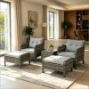 5-Piece Rattan Wicker Outdoor Patio Conversation Set Gray/Light Gray with Cushioned Chairs Ottomans And Tempered Glass Coffee Table