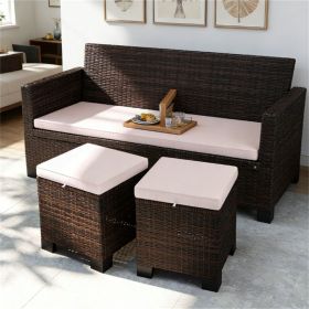 Two piece outdoor stool, rattan foot pad with cushion, terrace stool, footstool, cream