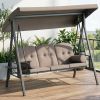 3-Seat Outdoor Patio Swing Chair Porch Glider with Adjustable Canopy Removable Cushion Pillows Side Trays for Garden Poolside Backyard Brown