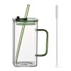 1 Pcs Green Glass Straw Cup, 4 Colors Square Glass Cup With Straw And Lid, High Borosilicate Glass Cup, Milk Cup, Juice Cup, Cold Drink Cup
