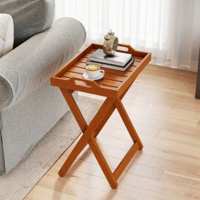 Outdoor Wood Tray Table Portable Side End Table with Folding Frame