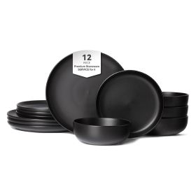 12-Piece Stoneware Dinner Plates Bowls Sets | Microwave & Dishwasher Safe | Non-Toxic Dinner Plates Bowls Set | Stackable Matte Glaze Kitchenware for
