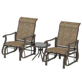 3-Piece Outdoor Gliders Set Bistro Set with Steel Frame, Tempered Glass Top Table for Patio, Garden, Light Mixed Brown