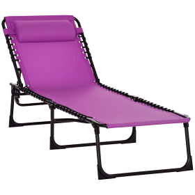Folding Chaise Lounge Pool Chair with 4-Position Reclining Back, Pillow, Breathable Mesh & Bungee Seat, Purple