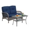 2 Piece Outdoor Wicker Patio Furniture Set, 2-Seater Rattan Loveseat with Tempered Glass Coffee Table, Water-Resistant Navy Blue Cushions
