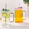 1 Pcs Green Glass Straw Cup, 4 Colors Square Glass Cup With Straw And Lid, High Borosilicate Glass Cup, Milk Cup, Juice Cup, Cold Drink Cup