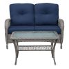 2 Piece Outdoor Wicker Patio Furniture Set, 2-Seater Rattan Loveseat with Tempered Glass Coffee Table, Water-Resistant Navy Blue Cushions