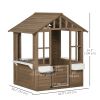 Kids Wooden Playhouse, Outdoor Garden Games Cottage with Flowers Pot Holder, Working Door, Windows, Brown