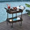 Rattan Wicker Outdoor Kitchen Trolley, Rolling Serving Cart with 2 Tray Shelves, Brown