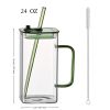 1 Pcs Blue Glass Straw Cup, 4 Colors Square Glass Cup With Straw And Lid, High Borosilicate Glass Cup, Milk Cup, Juice Cup, Cold Drink Cup, Coffee Cup