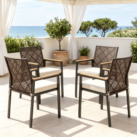 Set of 4 Hand-Woven PE Patio Dining Chairs with Acacia Wood Armrests for Yard Outdoor Furniture