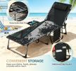Black Folding Outdoor Chaise Lounge Chair with Adjustable Back 5 Levels Side Table Pillow Pocket Tanning Chair