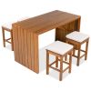 5 Piece Outdoor Bar Set, Patio Acacia Wood Bar Height Table & Four Stools with Cushions, Wood Dining Bar Set for Backyard, Poolside, Balcony