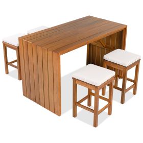 5 Piece Outdoor Bar Set, Patio Acacia Wood Bar Height Table & Four Stools with Cushions, Wood Dining Bar Set for Backyard, Poolside, Balcony