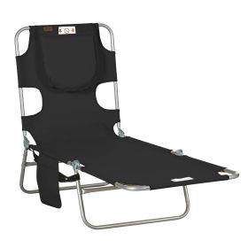 Folding Outdoor Chaise Lounge Sun Tanning Chair with Face Cavity, Pillow, 5-level Adjustable for Beach, Pool, Black