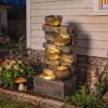 28" Outdoor Fountain with 5-Tier Rustic Jugs, Cascading Waterfall with LED Lights, Adjustable Flow, Rustic Brown