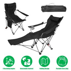 Reclining Camping Chair with Footrest 4-Position Adjustable Outdoor Folding Chair Heavy Duty Portable Camping Lounge Chair with Headrest Cup Holder & (Color: Black)