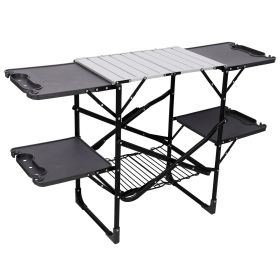 Folding Camping Kitchen Table, Portable Outdoor Cooking Station with Heat Resistant Top, 4 Side Tables & Lower Storage Rack for Picnic, Tailgating & C (Color: Black, size: NoPost)