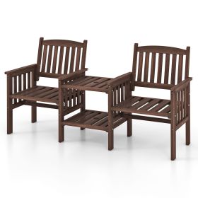 Outdoor Fir Wood Loveseat with 2-Tier Side Table and 1.96" Umbrella Hole (Color: Coffee)