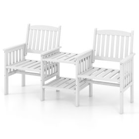 Outdoor Fir Wood Loveseat with 2-Tier Side Table and 1.96" Umbrella Hole (Color: White)