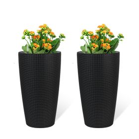 Set of 2 Faux Rattan Tall Planters Outdoor Indoor Large Planters with Water Level Monitor Inner Bucket, Automatic Watering (Color: as Pic)