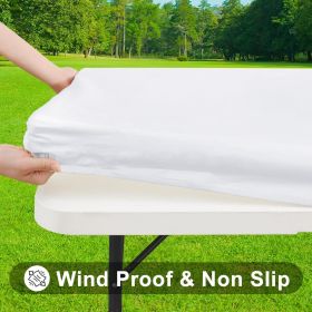 Rectangle Tablecloth, Elastic Fitted Flannel Backed Vinyl Tablecloths for 6ft Folding Tables, Waterproof Wipeable Table Covers for Indoor, Outdoor (Color: White)